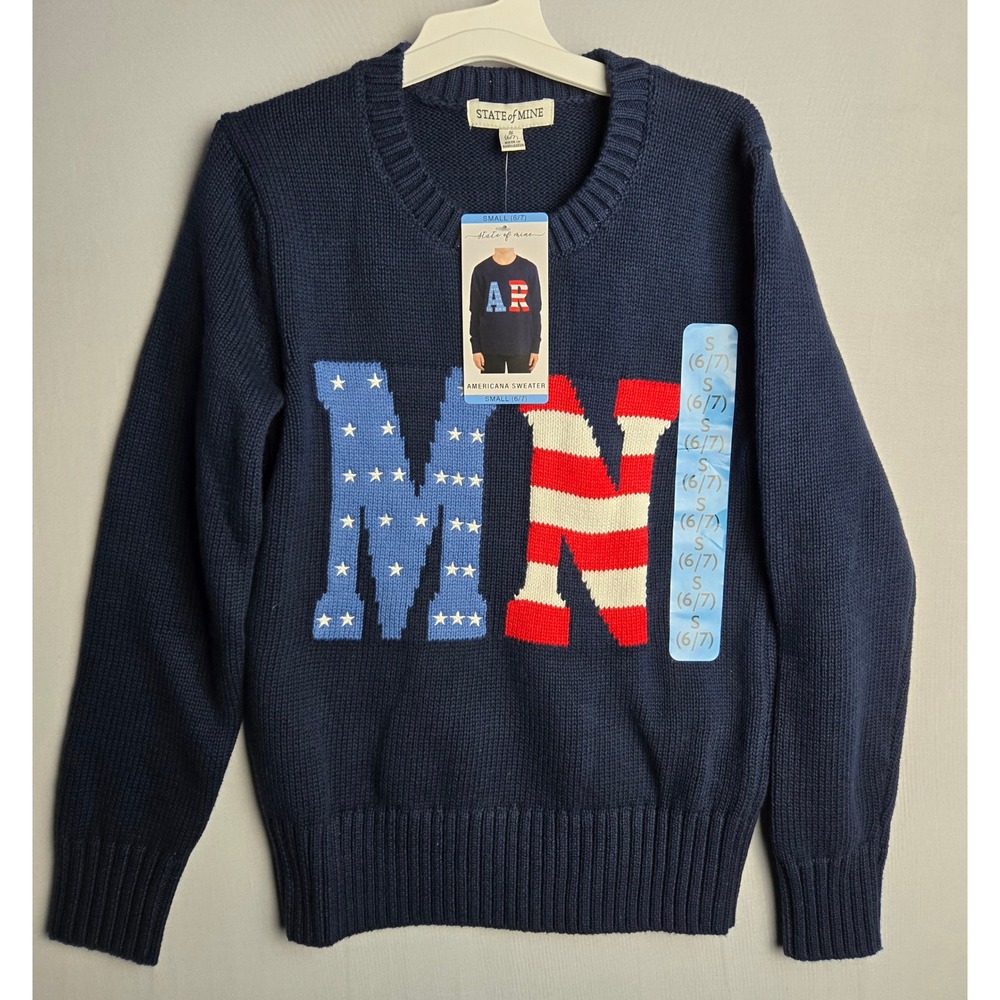 State of Mine Kids Americana MN Patriotic Navy Blue Knit Sweater Small 6/7 NWT